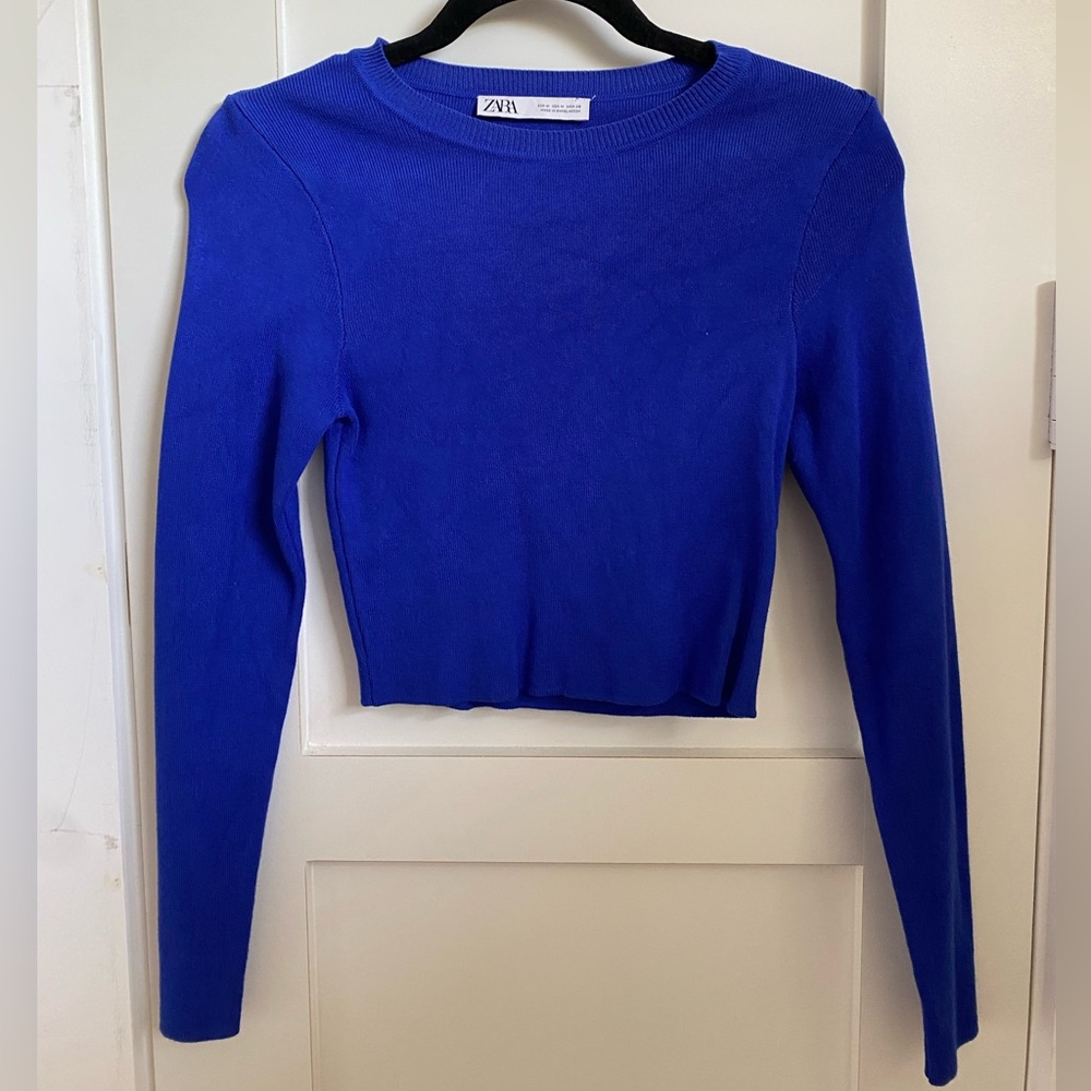 Zara Blue Fitted Crop Long Sleeve Tee